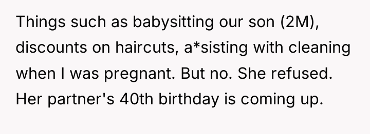 Things such as babysitting our son (2M), discounts on haircuts,...