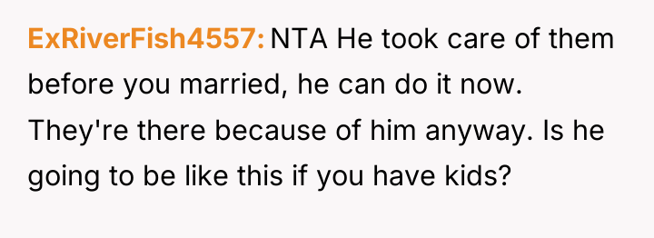 ExRiverFish4557 NTA He took care of them before you married,...