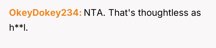 OkeyDokey234 NTA. That's thoughtless as h**l.