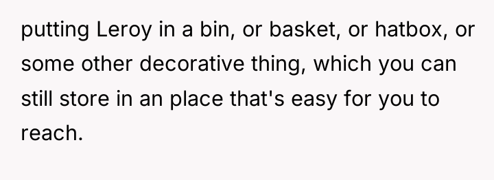 putting Leroy in a bin, or basket, or hatbox, or...