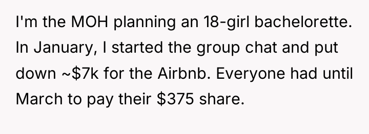 I'm the MOH planning an 18-girl bachelorette. In January, I...