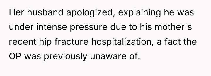 Her husband apologized, explaining he was under intense pressure due...