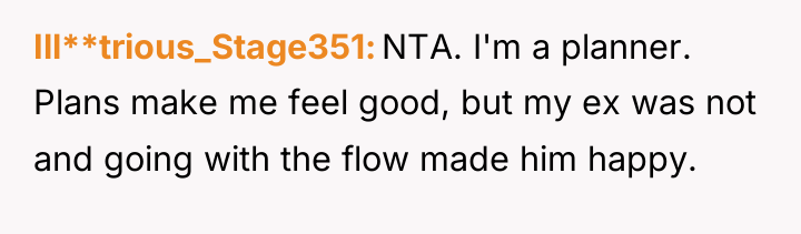 Ill**trious_Stage351 NTA. I'm a planner. Plans make me feel good,...