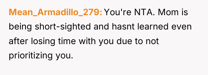 Mean_Armadillo_279 You're NTA. Mom is being short-sighted and hasnt learned...