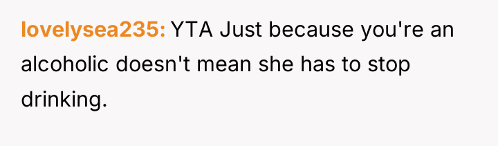 lovelysea235 YTA Just because you're an alcoholic doesn't mean she...