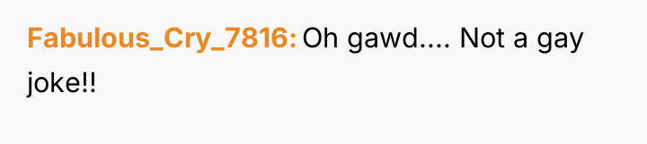 Fabulous_Cry_7816 Oh gawd.... Not a gay joke!!