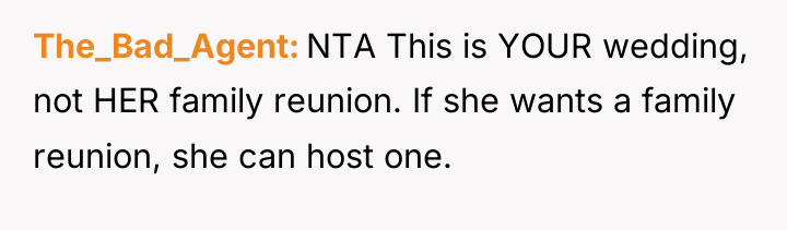 The_Bad_Agent NTA This is YOUR wedding, not HER family reunion....