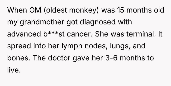When OM (oldest monkey) was 15 months old my grandmother...