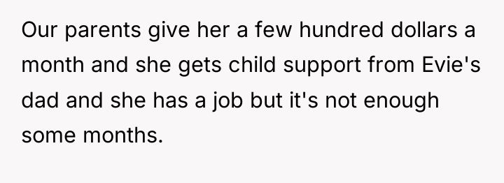 Our parents give her a few hundred dollars a month...