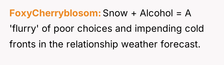 FoxyCherryblosom Snow + Alcohol = A 'flurry' of poor choices...