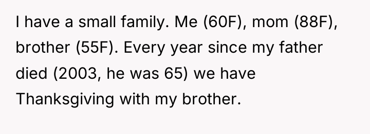 I have a small family. Me (60F), mom (88F), brother...