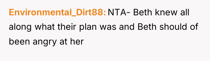 Environmental_Dirt88 NTA- Beth knew all along what their plan was...