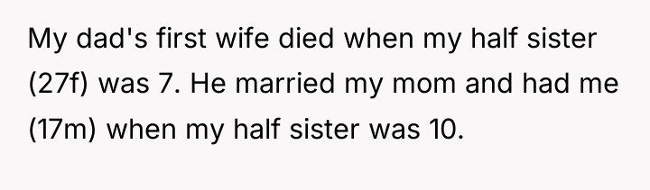 My dad's first wife died when my half sister (27f)...