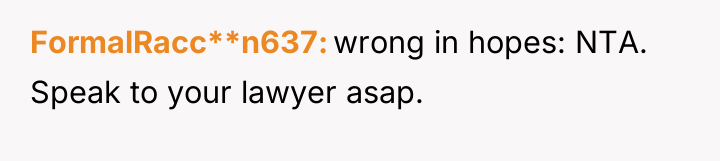 FormalRacc**n637 wrong in hopes: NTA. Speak to your lawyer asap.