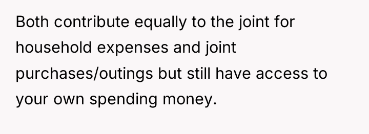 Both contribute equally to the joint for household expenses and...