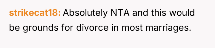 strikecat18 Absolutely NTA and this would be grounds for divorce...