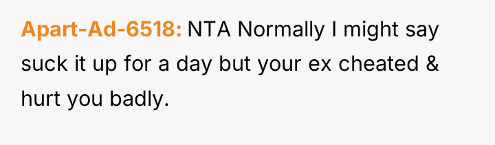 Apart-Ad-6518 NTA Normally I might say suck it up for...
