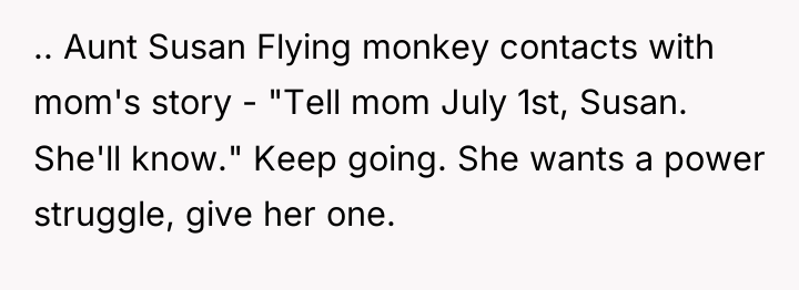 .. Aunt Susan Flying monkey contacts with mom's story -...