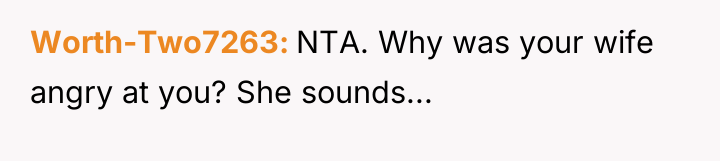 Worth-Two7263 NTA. Why was your wife angry at you? She...