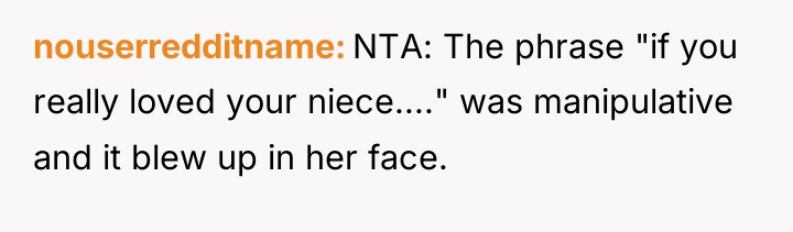 nouserredditname NTA: The phrase "if you really loved your niece...."...