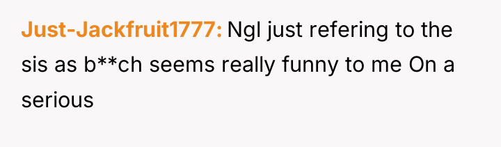 Just-Jackfruit1777 Ngl just refering to the sis as b**ch seems...