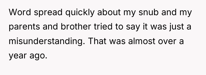Word spread quickly about my snub and my parents and...