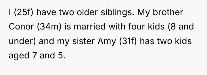 I (25f) have two older siblings. My brother Conor (34m)...