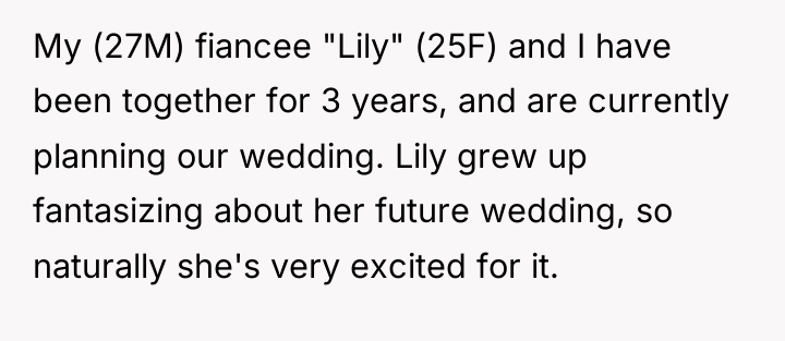 My (27M) fiancee "Lily" (25F) and I have been together...
