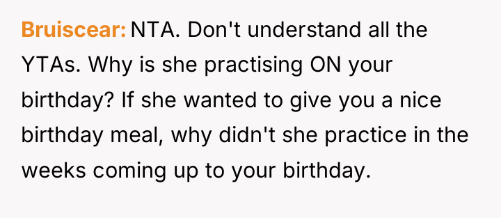 Bruiscear NTA. Don't understand all the YTAs. Why is she...