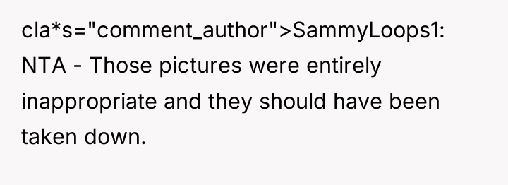 cla*s="comment_author">SammyLoops1: NTA - Those pictures were entirely inappropriate and they...