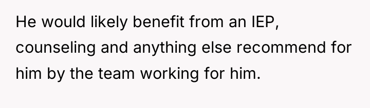 He would likely benefit from an IEP, counseling and anything...