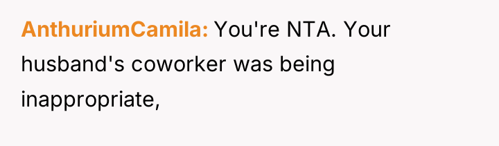 AnthuriumCamila You're NTA. Your husband's coworker was being inappropriate,