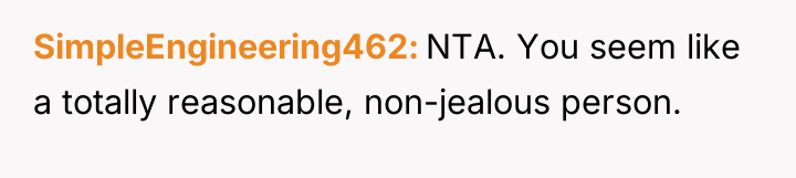 SimpleEngineering462 NTA. You seem like a totally reasonable, non-jealous person.