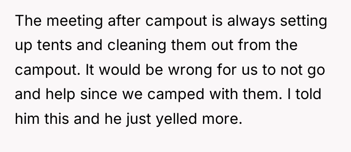 The meeting after campout is always setting up tents and...
