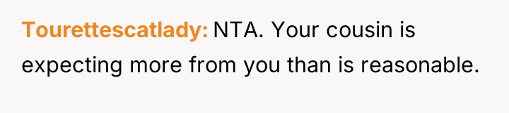 Tourettescatlady NTA. Your cousin is expecting more from you than...