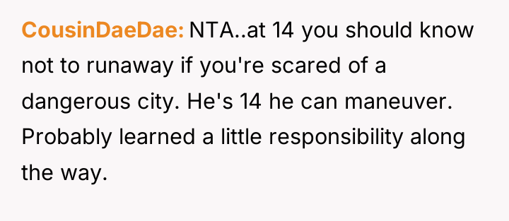 CousinDaeDae NTA..at 14 you should know not to runaway if...