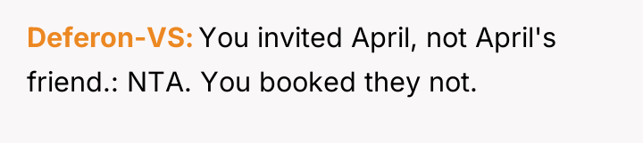 Deferon-VS You invited April, not April's friend.: NTA. You booked...