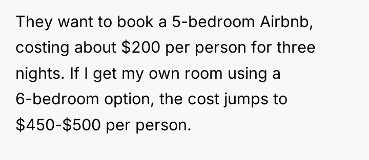 They want to book a 5-bedroom Airbnb, costing about $200...
