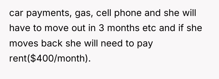 car payments, gas, cell phone and she will have to...