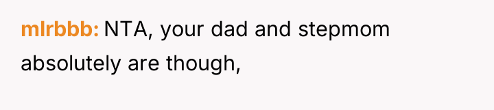 mlrbbb NTA, your dad and stepmom absolutely are though,