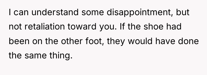 I can understand some disappointment, but not retaliation toward you....