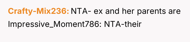 Crafty-Mix236 NTA- ex and her parents are Impressive_Moment786: NTA-their