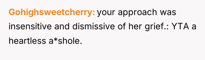 Gohighsweetcherry your approach was insensitive and dismissive of her grief.:...
