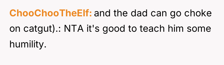 ChooChooTheElf and the dad can go choke on catgut).: NTA...