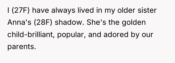 I (27F) have always lived in my older sister Anna's...