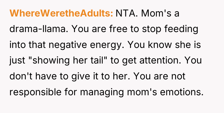 WhereWeretheAdults NTA. Mom's a drama-llama. You are free to stop...