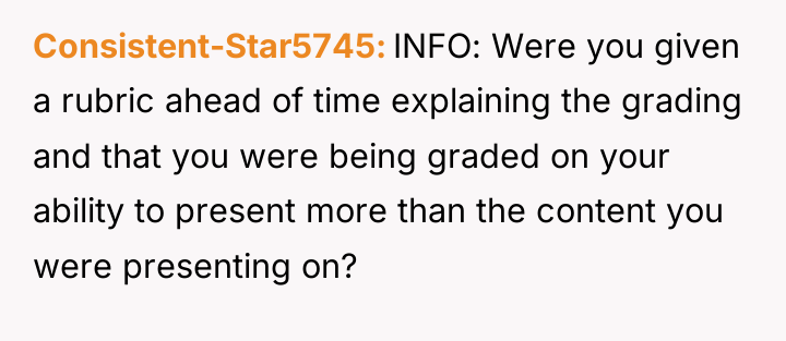 Consistent-Star5745 INFO: Were you given a rubric ahead of time...