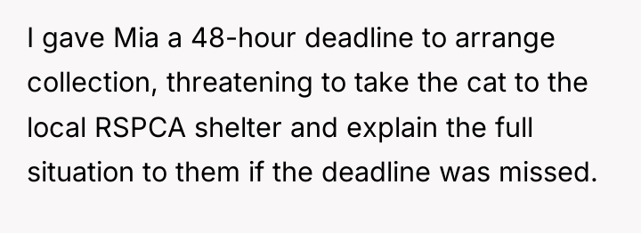 I gave Mia a 48-hour deadline to arrange collection, threatening...
