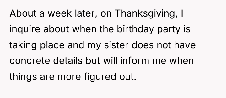 About a week later, on Thanksgiving, I inquire about when...