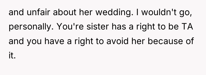 and unfair about her wedding. I wouldn't go, personally. You're...
